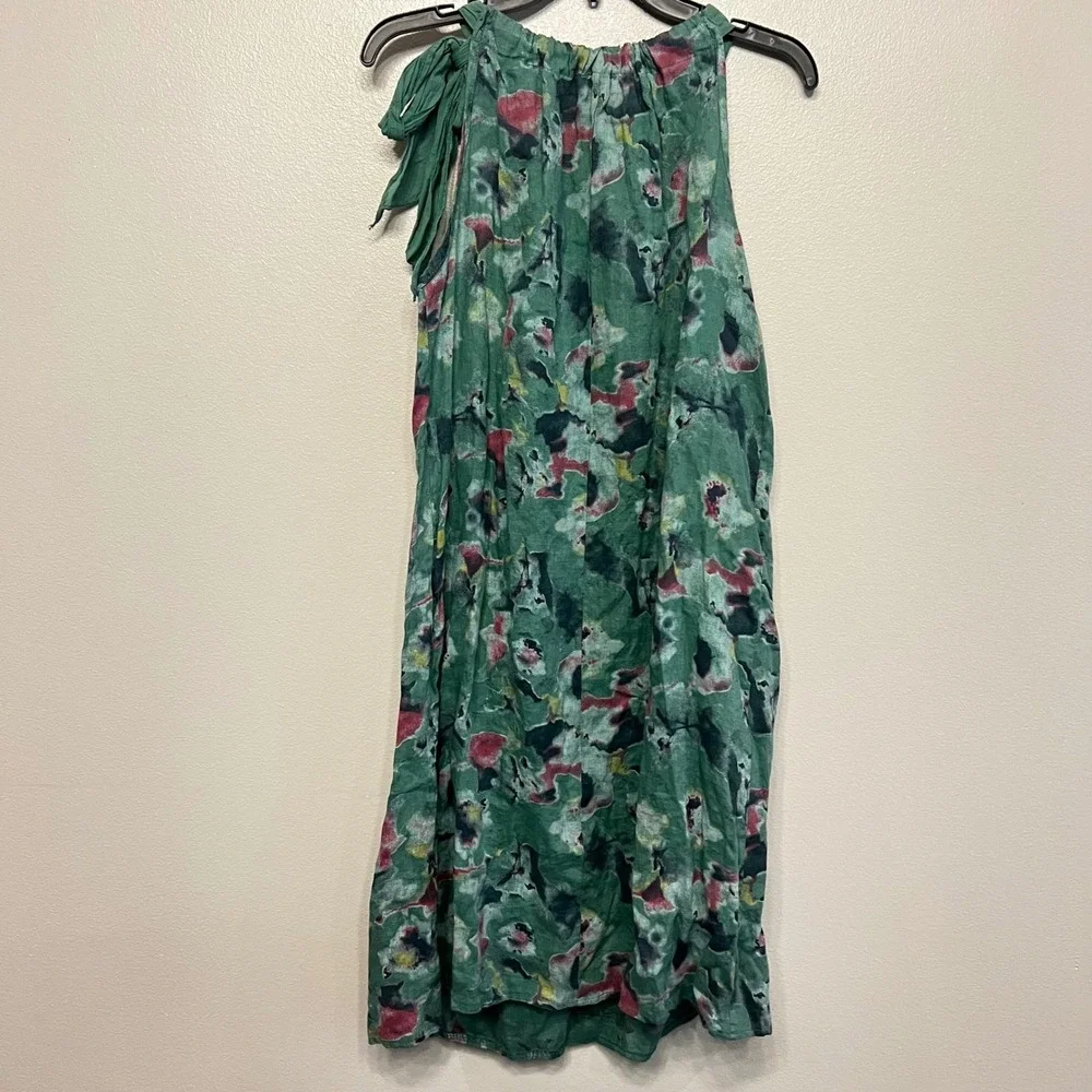 Belambra Italy 100% Linen Green Watercolor Floral Tie Shoulder Shift Dress‎ M